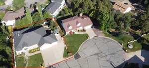 Aerial overview of property's location featuring property parcel outlined