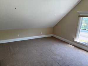 Additional living space with lofted ceiling, carpet flooring, and baseboards