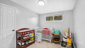 Bedroom featuring a crib and carpet