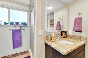 Bathroom with vanity and shower