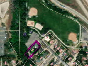Aerial view of property's location with property parcel outlined