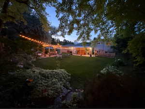 Backyard with lights in the evening