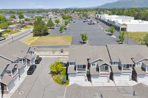 Aerial view of residential area with mountains