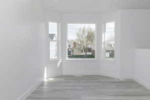 Spare room featuring healthy amount of natural light, baseboards, and light wood finished floors