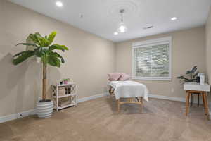 Living area featuring carpet floors, baseboards, and recessed lighting