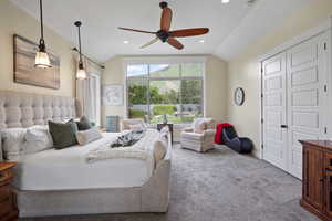 Bedroom featuring vaulted ceiling, carpet floors, recessed lighting, a ceiling fan, and a closet