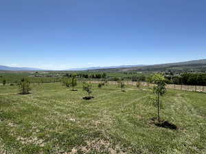 View of mountain backdrop with rural landscape