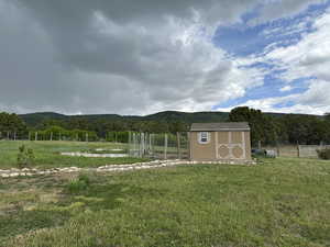 View of yard with a mountain view and a forest view