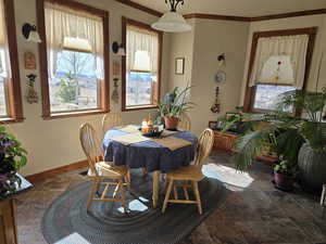 Dining room featuring dark stone finish flooring, plenty of natural light, baseboards, and ornamental molding