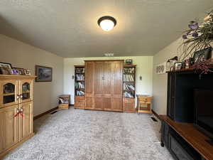Sitting room featuring carpet floors, a textured ceiling, and baseboards