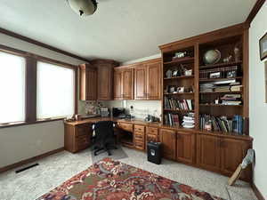 Office with light colored carpet and built in study area