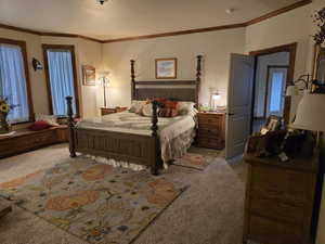 Bedroom with carpet flooring and ornamental molding