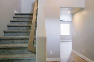 Stairway featuring baseboards and wood finished floors