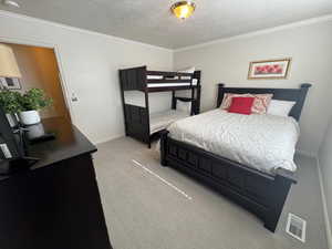 Bedroom featuring crown molding, carpet flooring, a textured ceiling, and baseboards