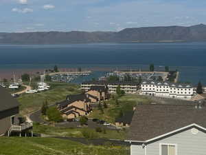 Bird's eye view of a water and mountain view