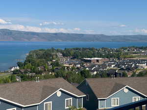 Aerial view of a water and mountain view