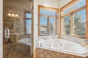 Full bath featuring healthy amount of natural light, a tub with jets, and a stall shower