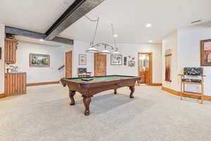 Playroom featuring light colored carpet, baseboards, billiards, recessed lighting, and beam ceiling
