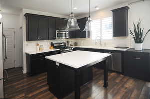 Kitchen featuring appliances with stainless steel finishes, a sink, dark wood-style floors, tasteful backsplash, and recessed lighting