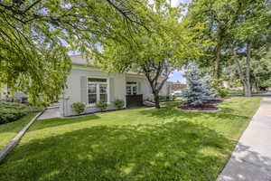 Obstructed view of property with stucco siding, a front yard, and a shingled roof