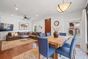 Dining space featuring recessed lighting, wood-type flooring, and ceiling fan