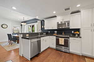 Kitchen featuring appliances with stainless steel finishes, a peninsula, a sink, white cabinets, and dark wood-style floors