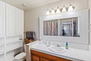 Bathroom with vanity, toilet, and a shower with shower curtain