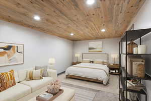 Virtually staged Bedroom featuring wooden ceiling, recessed lighting, and carpet floors