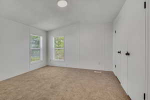 Carpeted spare room featuring lofted ceiling and a textured ceiling