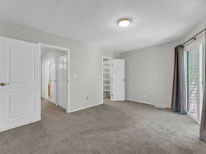 Unfurnished bedroom featuring carpet floors, baseboards, a textured ceiling, and a walk in closet