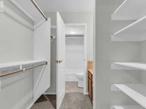 Spacious closet with light carpet and light tile patterned flooring