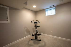 Workout room featuring baseboards and carpet floors
