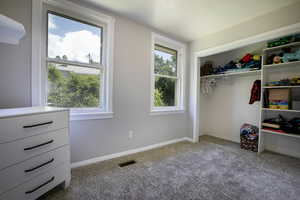 Carpeted bedroom with multiple windows, a closet, and baseboards
