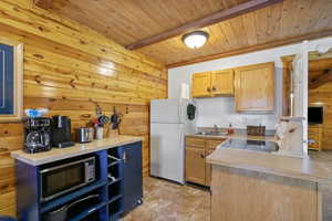 Kitchen featuring freestanding refrigerator, a sink, stainless steel microwave, wood ceiling with exposed beams, and wood walls
