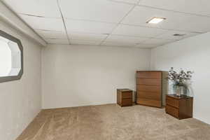 Carpeted empty room with a drop ceiling and a textured wall