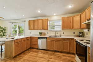 Kitchen with electric range, a kitchen bar, a peninsula, light countertops, and stainless steel dishwasher