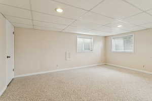 Basement featuring a drop ceiling, carpet, and recessed lighting