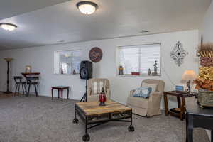Living area featuring carpet floors and baseboards