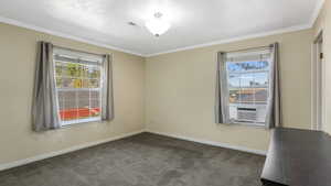 Upstairs primary bedroom with natural light, ornamental molding, dark carpet, baseboards
