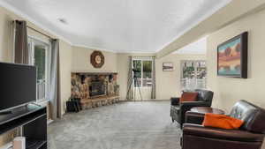Living area featuring carpet flooring, a stone fireplace, ornamental molding, and baseboards
