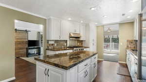 Kitchen featuring under cabinet range hood, dark wood-type flooring, tasteful backsplash, a kitchen island, and recessed lighting
