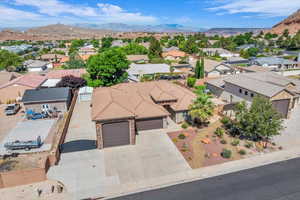 Aerial perspective of suburban area featuring mountains