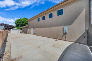 View of patio / terrace with an outbuilding