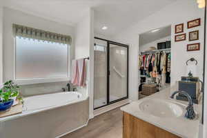 Full bathroom with a shower stall, wood finished floors, a bath, vanity, and a spacious closet