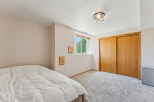 Carpeted bedroom with a closet and baseboards
