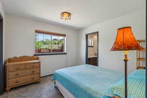 Carpeted bedroom featuring ensuite bathroom