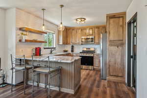 Kitchen with appliances with stainless steel finishes, a peninsula, and dark wood-style flooring
