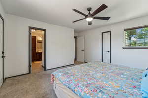 Carpeted bedroom with ceiling fan and connected bathroom