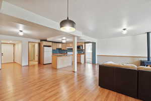 Living room featuring light wood-type flooring and a wood stove