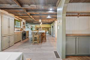 Kitchen with stainless steel stove, wood ceiling with exposed beams, light wood finished floors, wooden walls, and a breakfast bar area